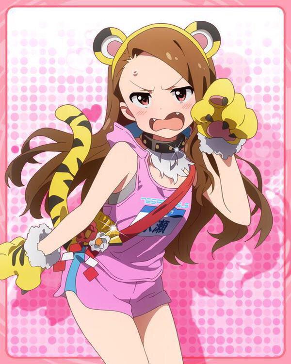 &gt;:o 1girl :o alternate_costume angry animal_ears bangs bare_shoulders blush border bra brown_hair card_(medium) claws clothes_writing collar cowboy_shot fake_animal_ears fake_tail fangs flat_chest flower fur_trim glint gloves gradient gradient_background hairband hand_up heart idolmaster idolmaster_million_live! kemonomimi_mode leaning_forward long_hair looking_at_viewer million_live_card minase_iori name_tag open_mouth paw_gloves paw_pose paws pink_background red_eyes sash shadow shide short short_shorts shorts single_vertical_stripe solo sports_bra sportswear studded_collar sweatdrop swept_bangs tail tank_top tiger_ears tiger_tail track_and_field underwear very_long_hair wavy_mouth