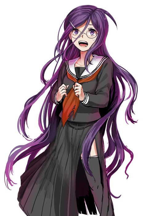 1girl ahoge black_legwear dangan_ronpa fukawa_touko glasses hair_ornament hairclip kesawa long_hair long_skirt long_sleeves open_mouth purple_hair round_glasses school_uniform serafuku side_slit simple_background skirt solo sweatdrop thigh-highs very_long_hair violet_eyes white_background zettai_zetsubou_shoujo