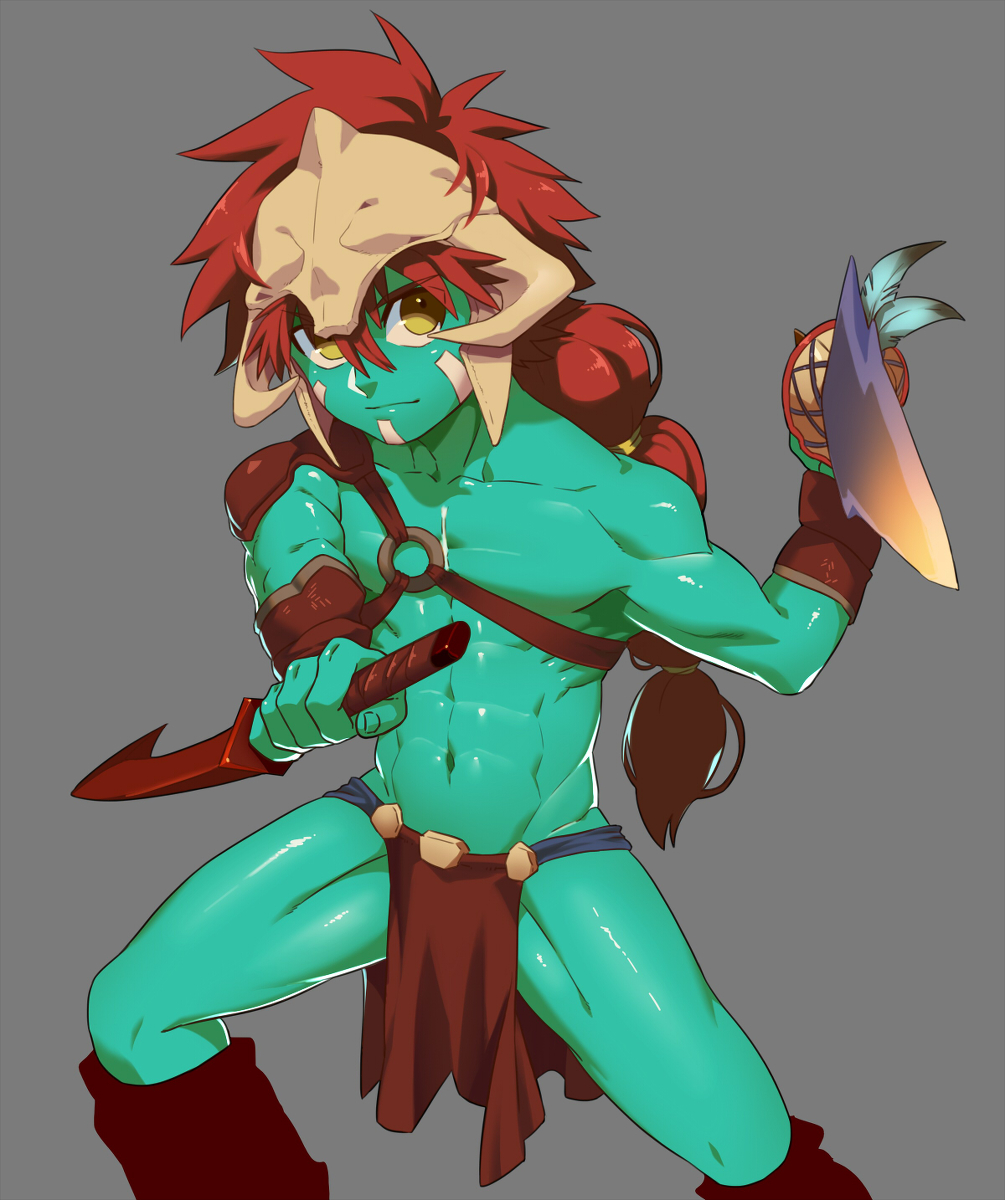 1boy abs armor belly blade defense_of_the_ancients dota_2 green_skin helmet highres huskar loincloth long_hair looking_at_viewer lvlv male_focus midriff muscle navel pixiv_manga_sample redhead shirtless simple_background skull solo spiky_hair sword tribal weapon yellow_eyes