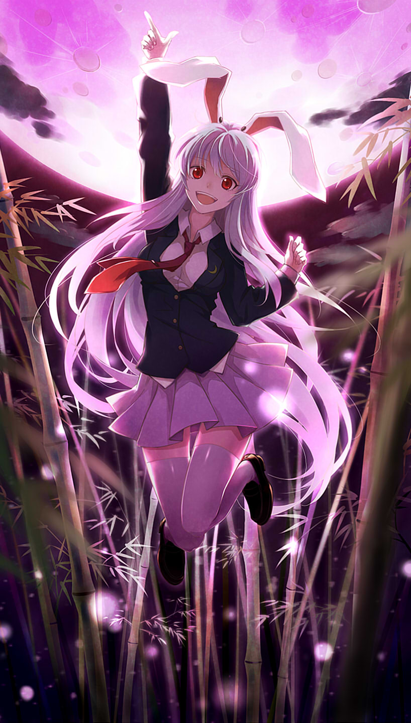 1girl 3nami73 animal_ears aura backlighting badge bamboo bamboo_forest blazer breasts clouds collared_shirt crescent_moon dark forest full_moon highres jumping long_hair long_sleeves moon nature necktie night night_sky open_mouth outstretched_arm pink_skirt pointing pointing_up rabbit_ears red_eyes reisen_udongein_inaba shoes skirt sky smile solo teeth thigh-highs tongue touhou very_long_hair white_legwear