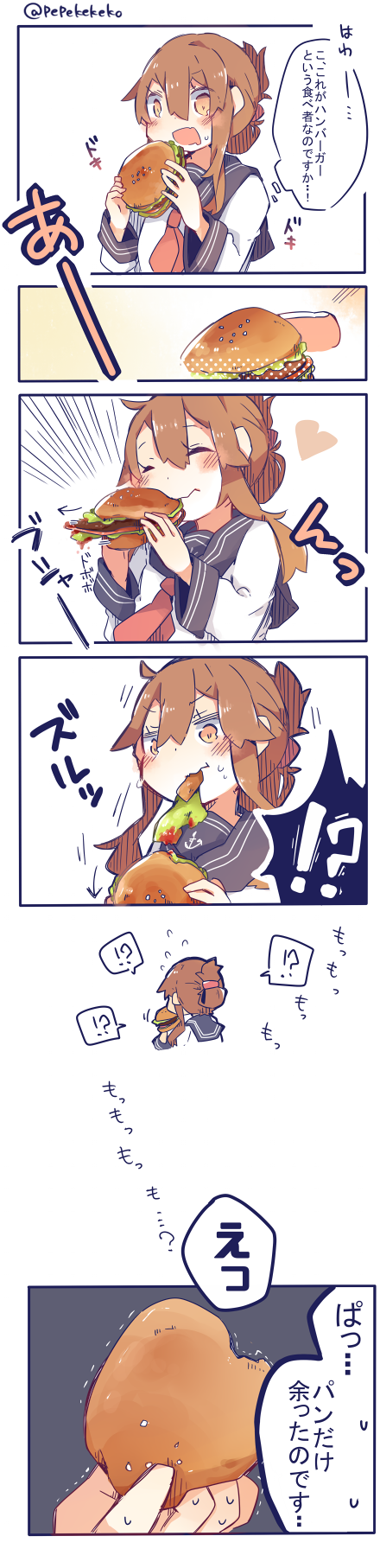 1girl brown_hair comic drooling eating folded_ponytail food hair_ornament hairclip hamburger highres inazuma_(kantai_collection) kantai_collection light_brown_eyes long_image neckerchief open_mouth pepekekeko school_uniform serafuku sweatdrop tall_image translated twitter_username you're_doing_it_wrong