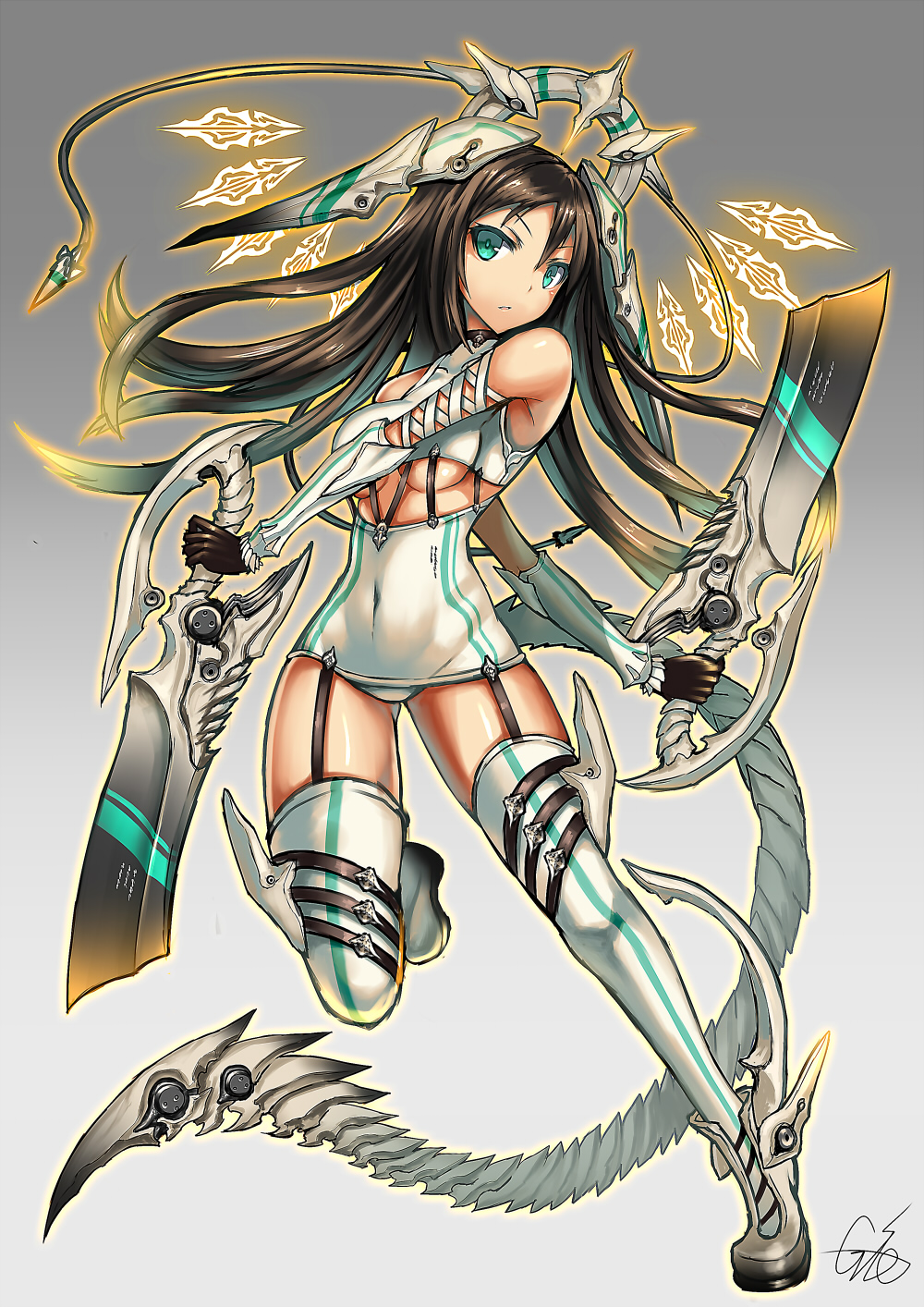 1girl ankle_boots aqua_eyes black_hair boots breasts dual_wielding gia gloves headgear highres long_hair looking_at_viewer mecha original skindentation solo sword tail thigh-highs under_boob weapon white_boots