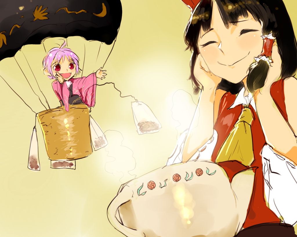 2girls 8tan ascot black_hair bow brown_background closed_eyes detached_sleeves ears floral_print flower hair_bow hair_tubes hakurei_reimu hands_on_own_cheeks hands_on_own_face hot_air_balloon japanese_clothes kimono minigirl multiple_girls no_hat open_mouth pink_eyes pink_hair red_eyes ribbon-trimmed_sleeves ribbon_trim rose short_hair sketch sleeveless smile steam sukuna_shinmyoumaru teabag teapot throwing touhou