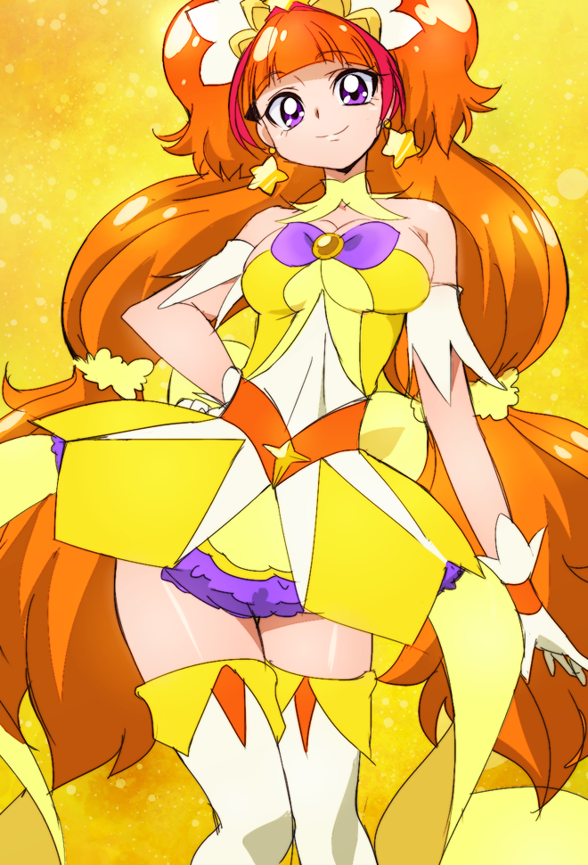 1girl amanogawa_kirara bare_shoulders breasts brown_hair cleavage cure_twinkle earrings gloves go!_princess_precure hand_on_hip jewelry long_hair looking_at_viewer magical_girl manji_(tenketsu) precure smile solo star star_earrings thigh-highs twintails very_long_hair violet_eyes white_gloves