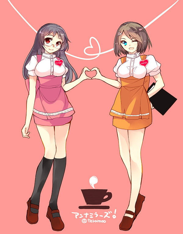 2girls ;d alternate_costume anna_miller black_hair blue_eyes brown_hair choukai_(kantai_collection) cup glasses hair_ornament heart heart_hands heart_hands_duo kantai_collection long_hair mary_janes maya_(kantai_collection) menu multiple_girls one_eye_closed open_mouth red_eyes shoes short_hair smile teacup teramoto_kaoru translation_request twitter_username waitress