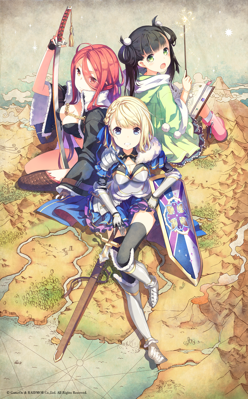 3girls :d armor armored_dress black_hair blonde_hair blue_eyes book braid breasts brown_eyes cape cleavage dungeon_anywhere fingerless_gloves frilled_skirt frills gauntlets gloves green_eyes h2so4 hair_bobbles hair_ornament hair_ribbon highres holding katana long_hair looking_at_viewer multiple_girls open_mouth redhead ribbon shield single_braid sitting skirt smile sword thigh-highs twintails wand weapon zettai_ryouiki