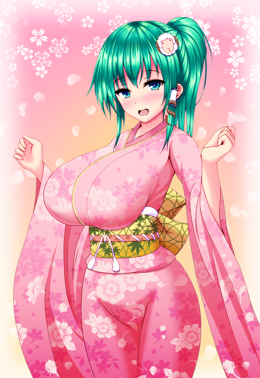 1girl blue_eyes blush breasts commentary_request cowboy_shot ears floral_background floral_print green_hair hair_ornament hair_tubes hands_up highres hips huge_breasts japanese_clothes kimono kochiya_sanae mound_of_venus nengajou obi open_mouth petals pink_background ponytail rope sash sheep_hair_ornament sibamura solo thighs tongue touhou