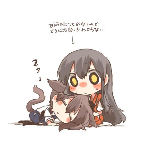 2girls akagi_(kantai_collection) animal_ears black_hair blush brown_hair cat_ears chibi closed_eyes kaga_(kantai_collection) kantai_collection long_hair lowres lying_on_lap multiple_girls open_mouth rebecca_(keinelove) short_hair side_ponytail sleeping sleeping_on_person sweat translation_request yellow_eyes zzz