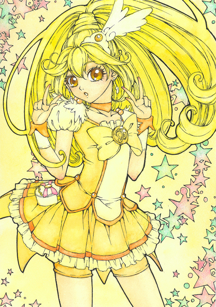 1girl bike_shorts blonde_hair choker cure_peace double_v eyelashes frills hair_ornament kise_yayoi lipstick long_hair looking_at_viewer magical_girl makeup open_mouth ponytail precure puffy_sleeves ribbon sayococco shorts_under_skirt skirt smile_precure! solo star tiara v wrist_cuffs yellow_background yellow_eyes yellow_skirt