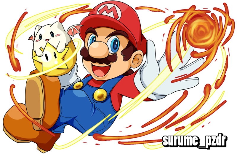 1boy :d artist_request blue_eyes blush_stickers brown_hair creature crossover facial_hair fire fireball gloves hat mario mustache open_mouth outstretched_arm overalls puzzle_&amp;_dragons smile starman_(mario) super_mario_bros. tamadra white_gloves wings