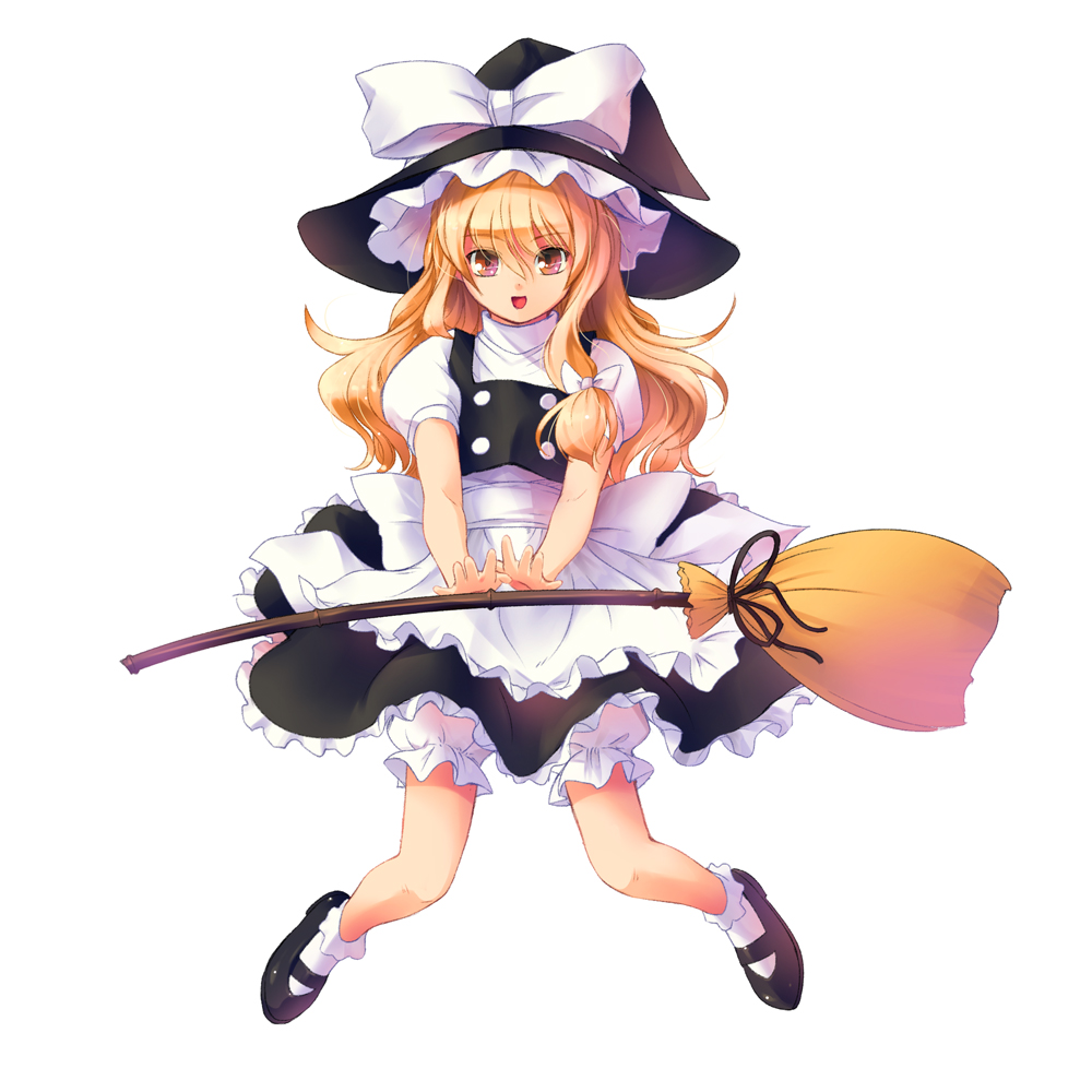 1girl amber_eyes apron black_dress blonde_hair bloomers bow broom dress hat hat_bow kirisame_marisa kirishima_satoshi long_hair mary_janes open_mouth puffy_short_sleeves puffy_sleeves shirt shoes short_sleeves smile solo touhou underwear waist_apron witch_hat