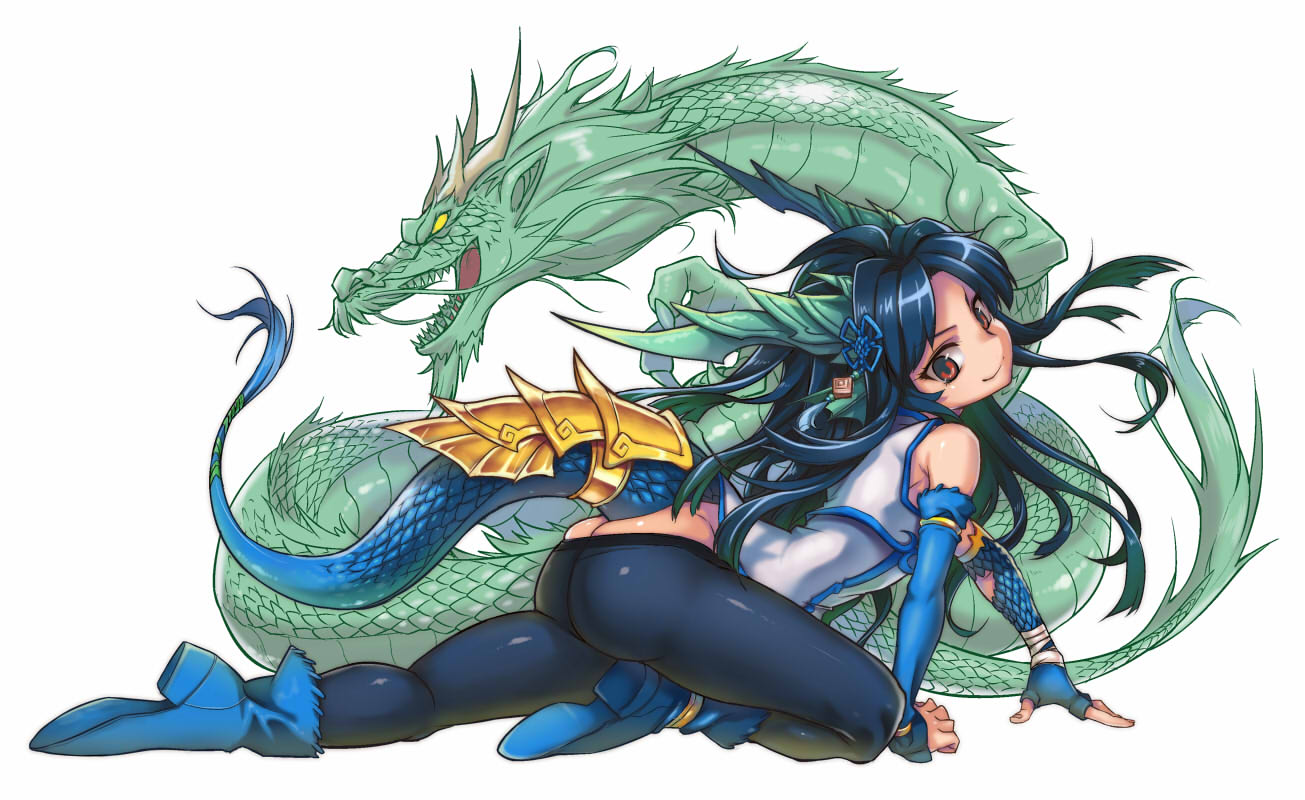1girl all_fours armor ass bare_shoulders blue_hair butt_crack china_dress chinese_clothes dragon dragon_girl dragon_horns dragon_tail dress full_body hair_ornament head_fins horns karin_(p&amp;d) long_hair microdress pantyhose puzzle_&amp;_dragons red_eyes scales short_dress simple_background skindentation sleeveless sleeveless_dress smile solo tail try white_background