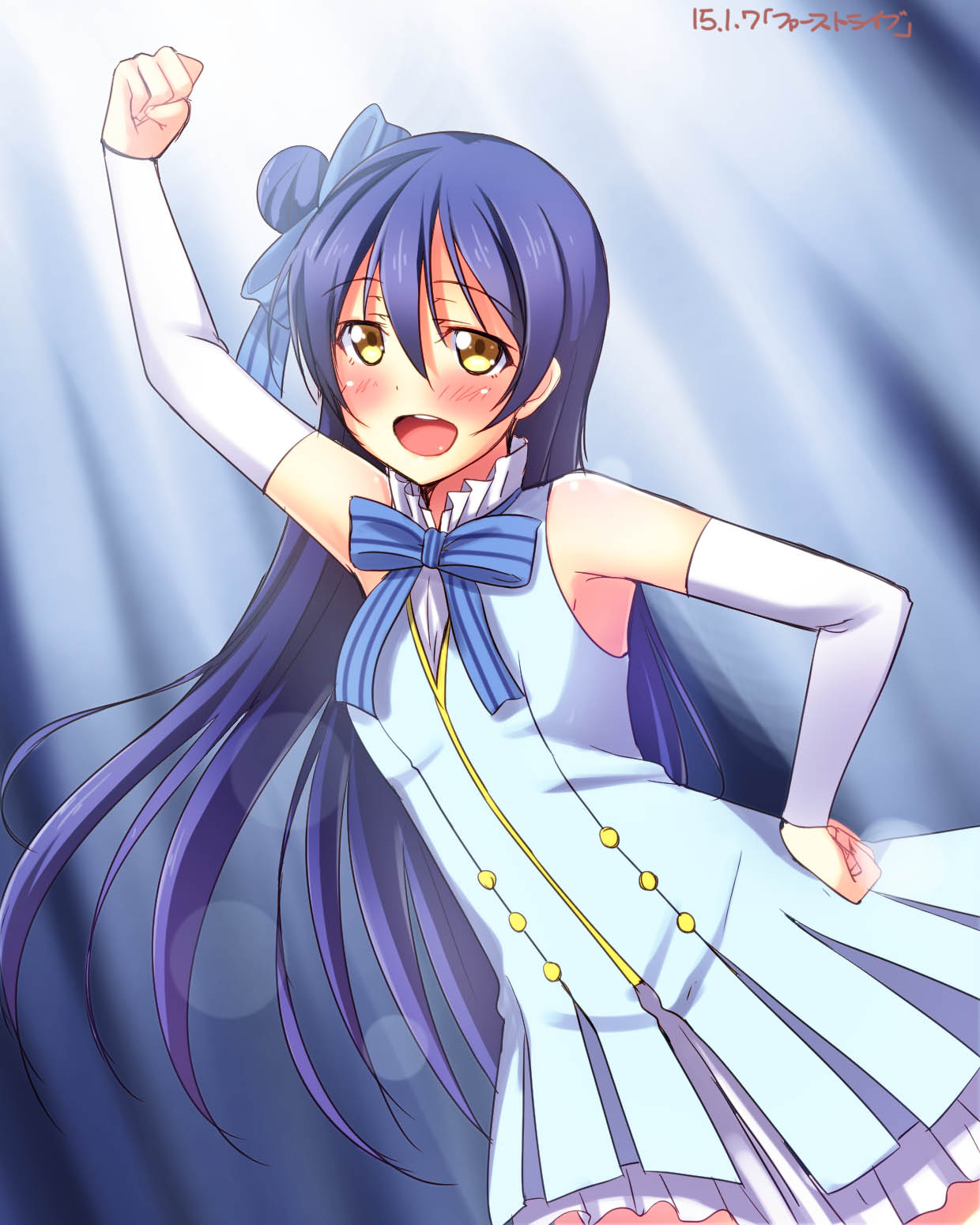 1girl arm_up bare_shoulders blue_dress blue_hair blush bow clenched_hand detached_sleeves dress hair_bow hand_on_hip highres long_hair love_live!_school_idol_project open_mouth sonoda_umi start:dash!! yellow_eyes yu-ta