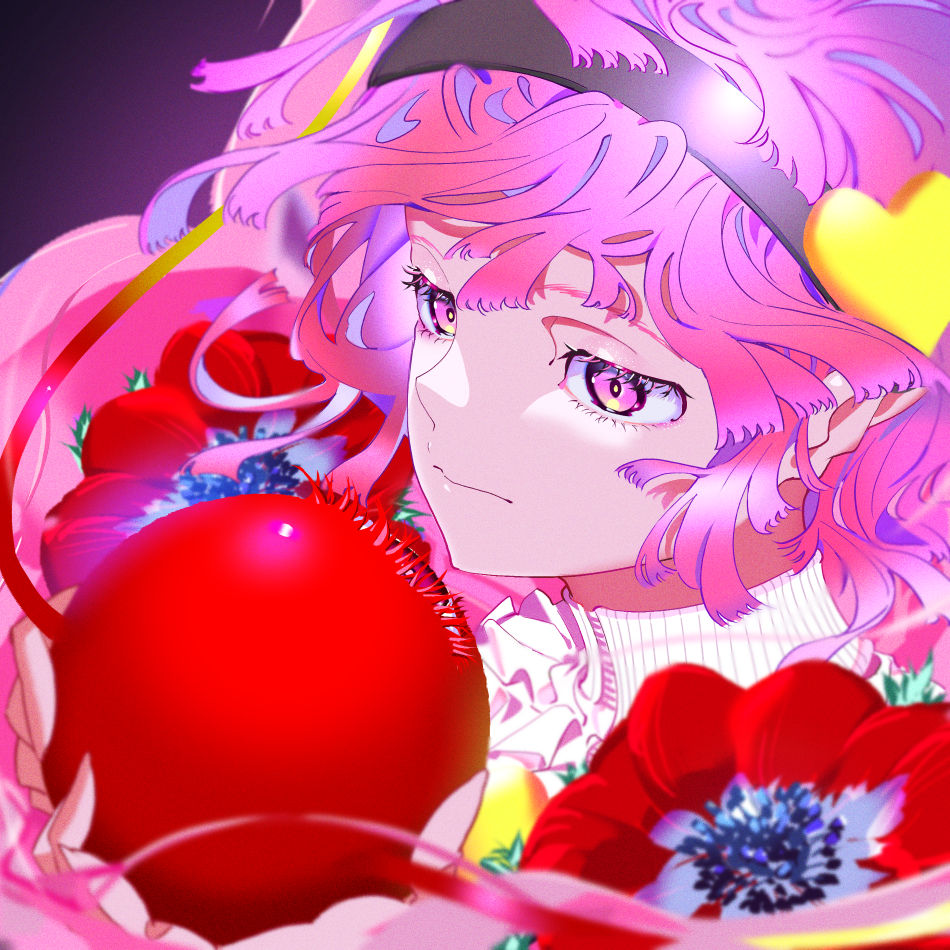 1girl :| anemone_(flower) bangs black_headwear closed_mouth commentary expressionless eyelashes flower frilled_shirt_collar frills gradient gradient_background hair_between_eyes hair_ornament hairband heart heart_hair_ornament high_collar holding komeiji_satori leaf looking_at_object mizoreshi pink_eyes pink_hair plant red_flower short_hair simple_background solo third_eye touhou zipper