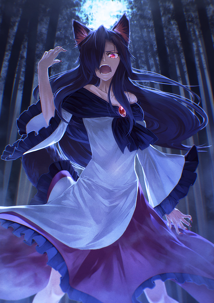 1girl animal_ears bare_shoulders brooch brown_hair collarbone commentary_request dark dress fangs fingernails forest hair_over_one_eye ibuki_notsu imaizumi_kagerou jewelry long_fingernails long_hair long_sleeves looking_at_viewer nail_polish nature open_mouth red_eyes red_nails sharp_fingernails solo tail touhou wide_sleeves wolf_ears wolf_tail