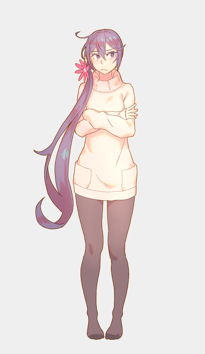 1girl akebono_(kantai_collection) beige_sweater bell black_legwear commentary_request crossed_arms dress flower full_body grey_background hair_bell hair_flower hair_ornament highres jingle_bell kantai_collection long_hair looking_to_the_side pantyhose purple_hair side_ponytail simple_background solo sweater sweater_dress very_long_hair violet_eyes yuuji_(and)
