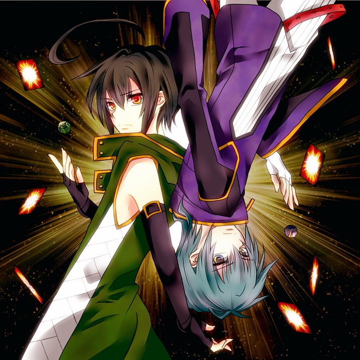 2boys ace_grit ahoge aokubi_daikon back-to-back bakugan bakugan_new_vestroia black_hair card elbow_gloves fingerless_gloves gloves green_hair grey_eyes kazami_shun multiple_boys rotational_symmetry short_hair turtleneck yellow_eyes