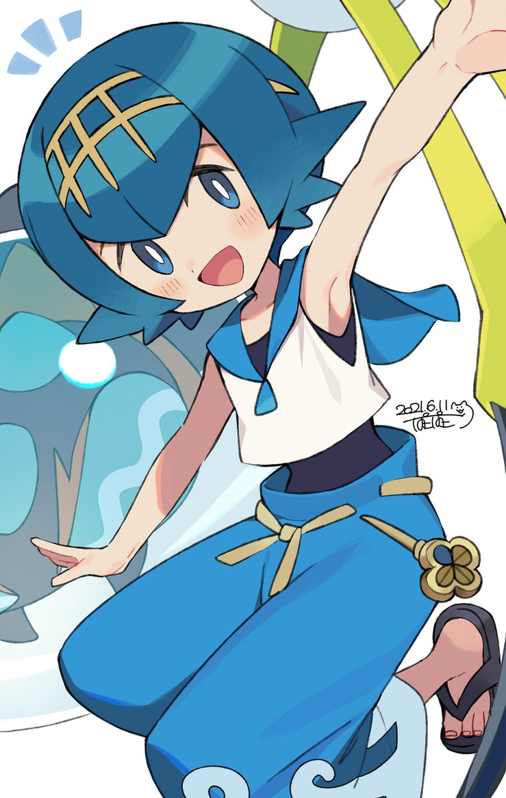 1girl :d araquanid arm_up blue_eyes blue_hair blue_pants blue_sailor_collar blush commentary_request dated gen_7_pokemon gold_hairband happy iroyopon lana_(pokemon) looking_at_viewer no_sclera notice_lines one-piece_swimsuit open_mouth outstretched_arm pants pokemon pokemon_(creature) pokemon_(game) pokemon_sm sailor_collar sandals shirt short_hair signature simple_background sleeveless sleeveless_shirt smile squatting swimsuit swimsuit_under_clothes toenails trial_captain white_background white_shirt