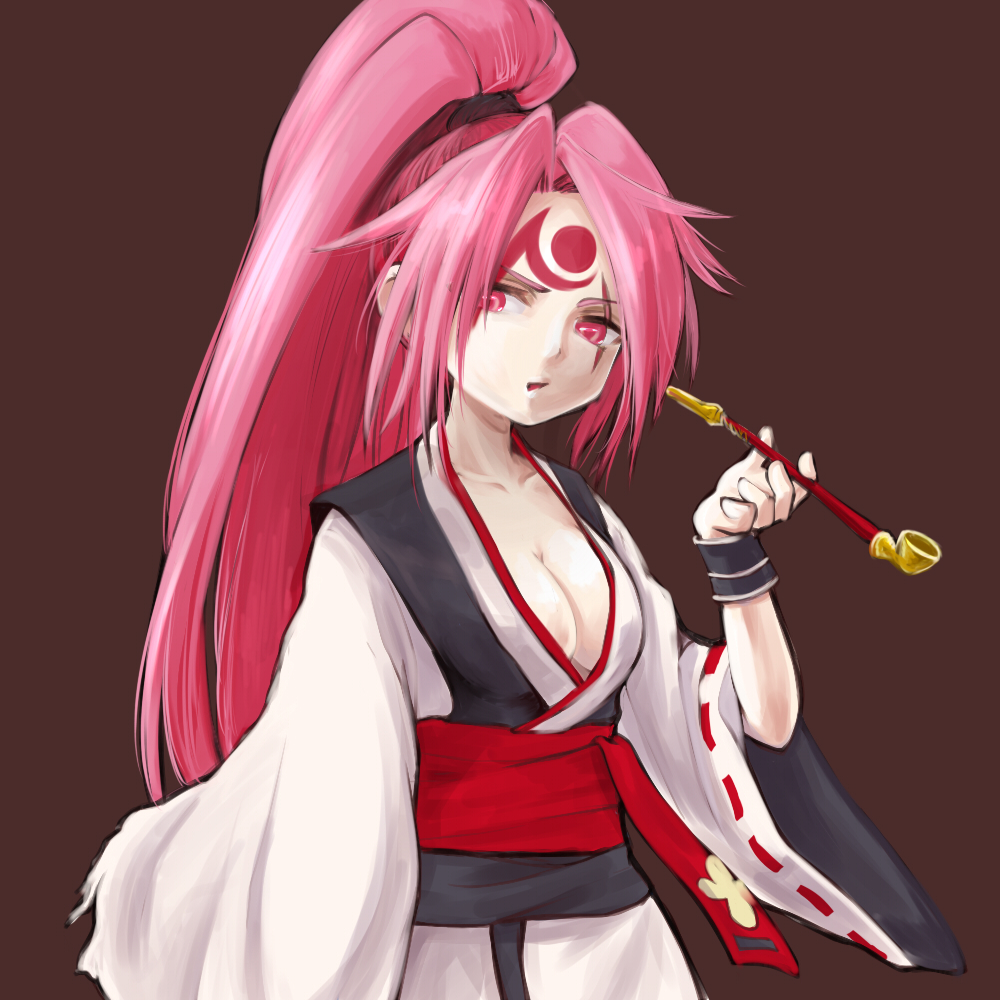 1girl amputee baiken breasts brown_background cleavage guilty_gear hair_intakes hal-13 high_ponytail japanese_clothes kimono kiseru long_hair obi one_eye_closed open_clothes open_kimono open_mouth pink_eyes pink_hair pipe ponytail sash scar scar_across_eye simple_background solo very_long_hair wide_sleeves