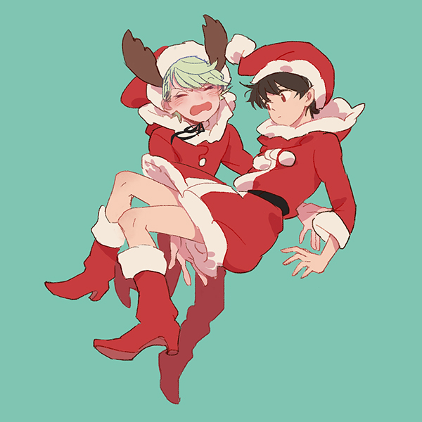 2boys aldnoah.zero animal_costume antlers blush brown_eyes brown_hair carrying chino_kawashiku christmas crossdressinging hat kaizuka_inaho male_focus multiple_boys open_mouth princess_carry reindeer_costume santa_costume santa_hat short_hair slaine_troyard white_hair