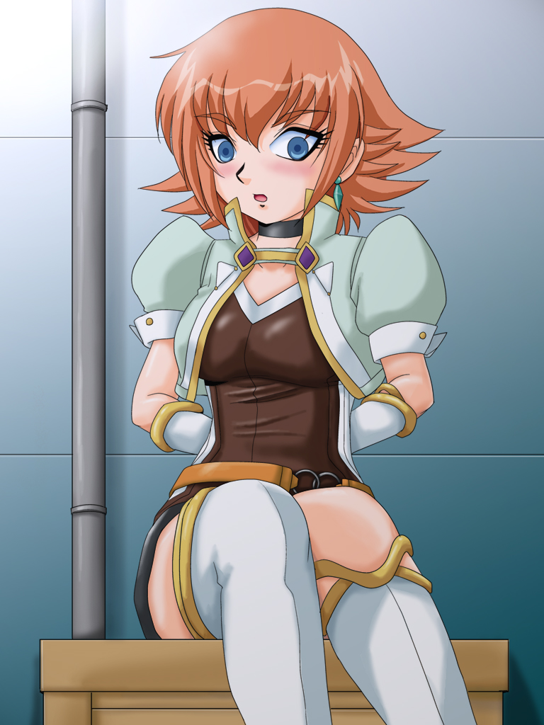 1girl arms_behind_back asymmetrical_clothes bakugan bakugan_new_vestroia blue_eyes boots breasts choker earrings jewelry mira_fermen open_mouth orange_hair short_hair thigh-highs white_legwear