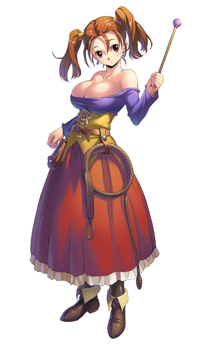 1girl bare_shoulders belt boots breasts brown_eyes bursting_breasts cleavage corset dragon_quest dragon_quest_viii dress earrings jessica_albert jewelry large_breasts orange_hair simple_background strapless_dress twintails uchiu_kazuma wand weapon whip white_background