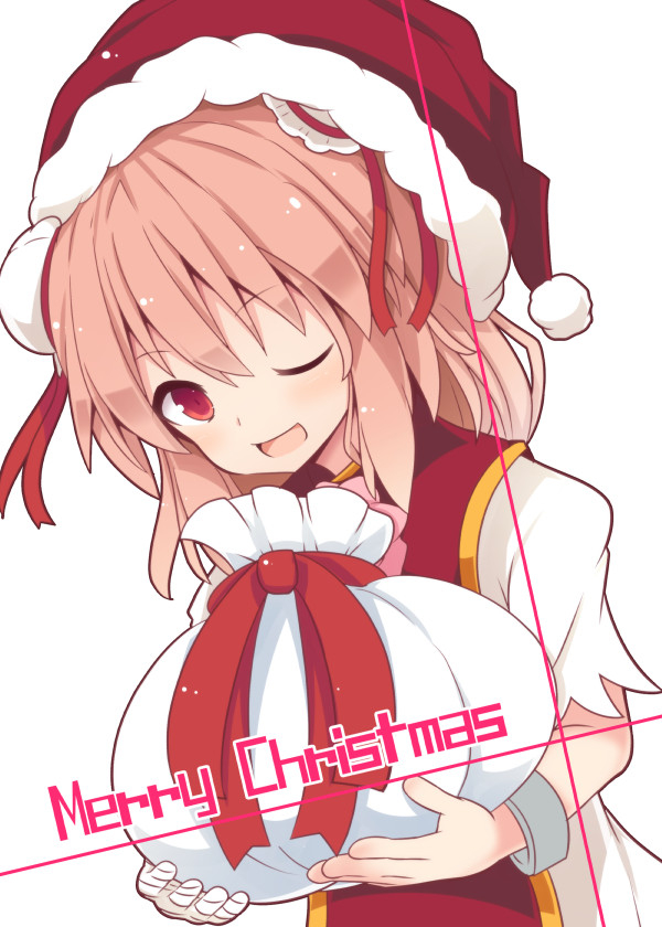 1girl ;d bandaged_arm beni_shake bun_cover carrying christmas double_bun gift hat ibaraki_kasen looking_at_viewer merry_christmas one_eye_closed open_mouth pink_hair red_eyes santa_hat short_hair smile solo touhou