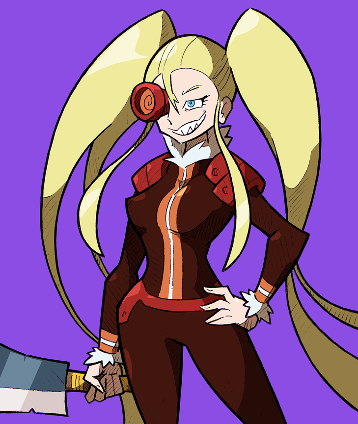 1girl blonde_hair cleaver creator_connection grin hakodate_omiko hand_on_hip kill_la_kill long_hair purple_background scope sharp_teeth shenanimation smile solo tengen_toppa_gurren_lagann trait_connection twintails viral viral_(cosplay)