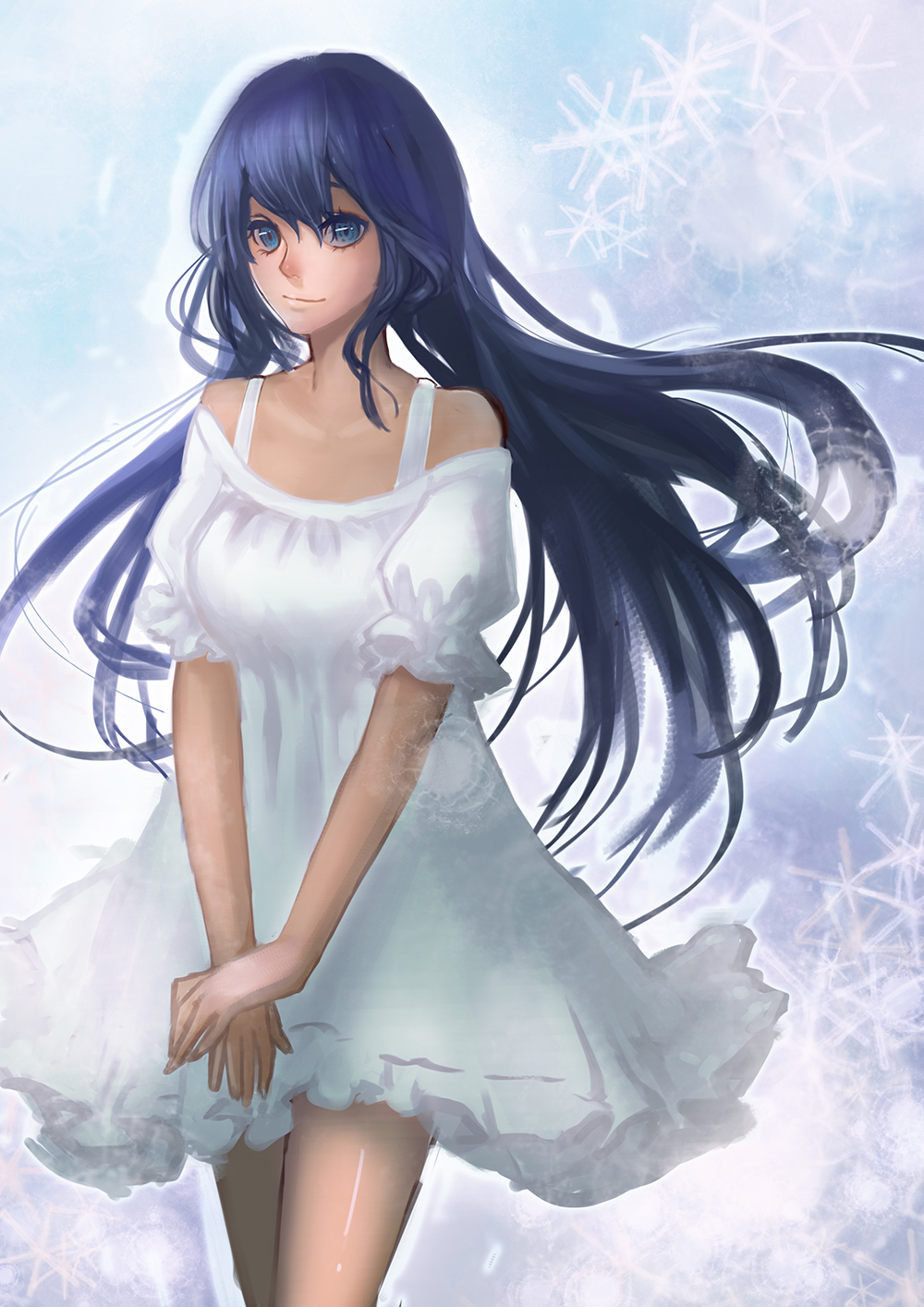 1girl bare_shoulders blue_eyes captain_earth cowboy_shot dress highres liliore(l.ily) long_hair looking_at_viewer mutou_hana purple_hair smile solo white_dress