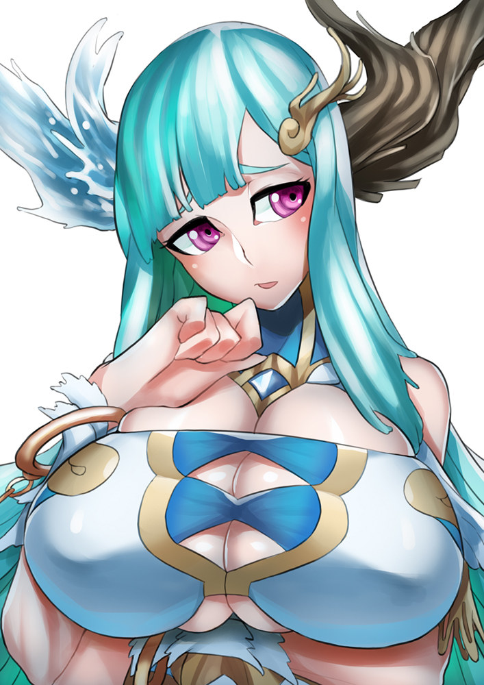 1girl aqua_hair asymmetrical_horns bangs bare_shoulders blunt_bangs bracelet breast_hold breasts bursting_breasts bust cation cleavage cleavage_cutout clenched_hand hair_ornament hand_on_own_chest head_tilt horns huge_breasts jewelry long_hair looking_away open_mouth parted_bangs paulina_(p&amp;d) puzzle_&amp;_dragons raised_eyebrows simple_background skindentation solo very_long_hair violet_eyes white_background wrist_cuffs