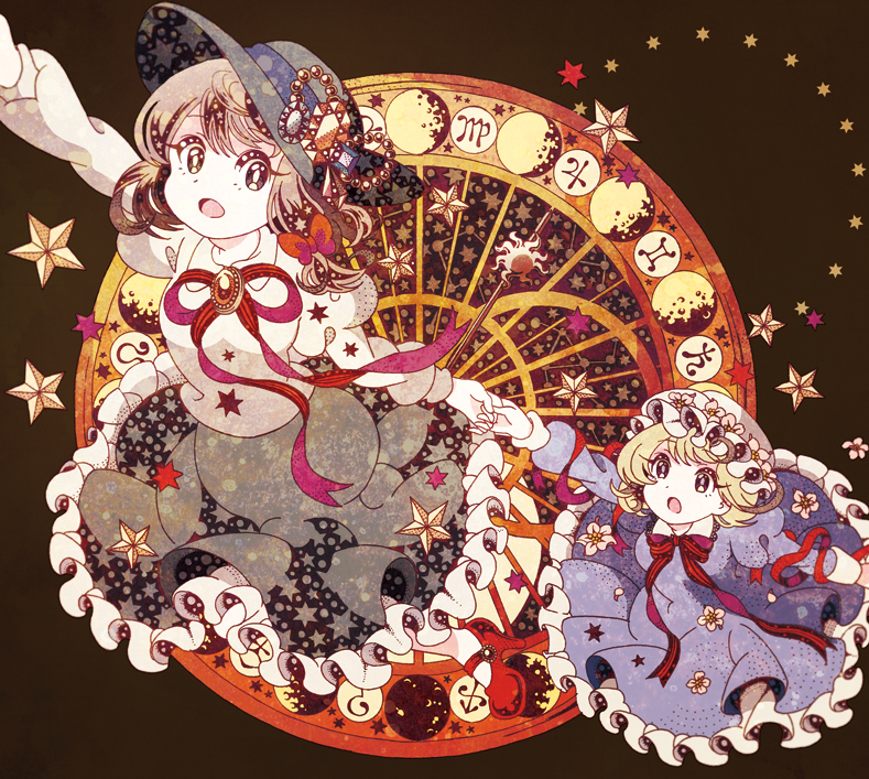 2girls astronomical_clock black_skirt blonde_hair bow breasts brooch brown_background brown_eyes brown_hair clock compass constellation dress flower flying frilled_dress frilled_skirt frills hair_bow hat hat_flower hat_ornament high_heels holding_hands jewelry kasasagi07 long_skirt long_sleeves looking_back looking_up maribel_hearn mob_cap moon_phases multiple_girls open_mouth outstretched_arm puffy_long_sleeves puffy_sleeves purple_dress ribbon short_hair simple_background skirt star star_print symbol tagme touhou usami_renko violet_eyes zodiac