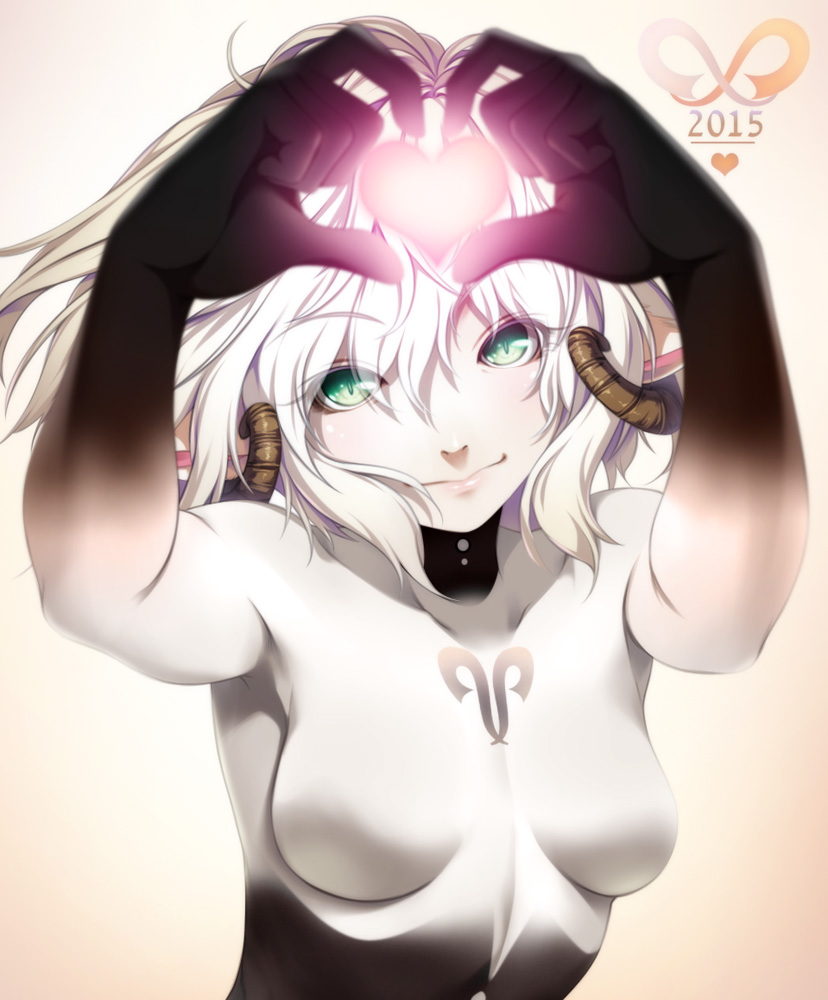 1girl bodysuit breasts closed_mouth green_eyes heart horns looking_at_viewer no_nipples original rezi short_hair simple_background smile solo white_hair