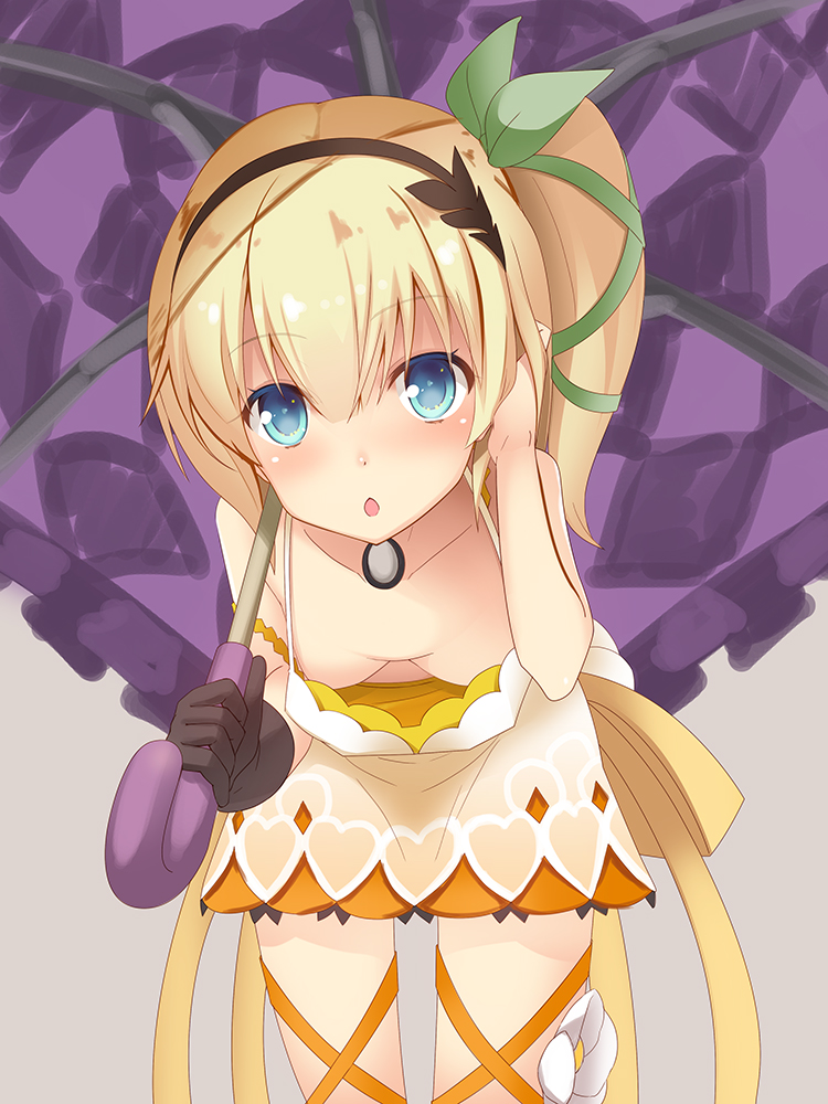 1girl bending_forward blonde_hair blue_eyes bow breasts downblouse edna_(tales) hair_bow parasol side_ponytail single_glove solo tales_of_(series) tales_of_zestiria umbrella wapokichi