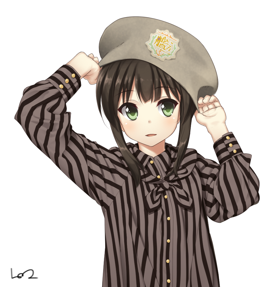 1girl alternate_costume black_hair blush bust casual fubuki_(kantai_collection) green_eyes hat kantai_collection lo_(rogu_ryouiki) long_sleeves looking_at_viewer parted_lips shirt short_hair simple_background solo striped striped_shirt white_background