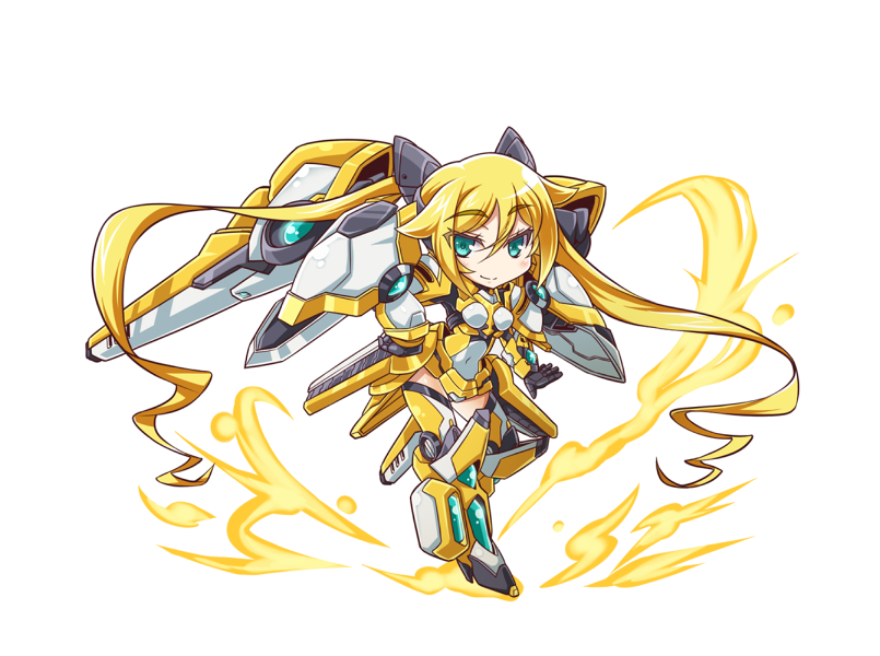 1girl armor armored_boots blonde_hair boots chibi energy gloves greaves green_eyes hand_on_hip kubota_(pixiv) leotard long_hair mecha_musume ore_twintail_ni_narimasu pose smile solo tail_yellow thigh-highs twintails white_background