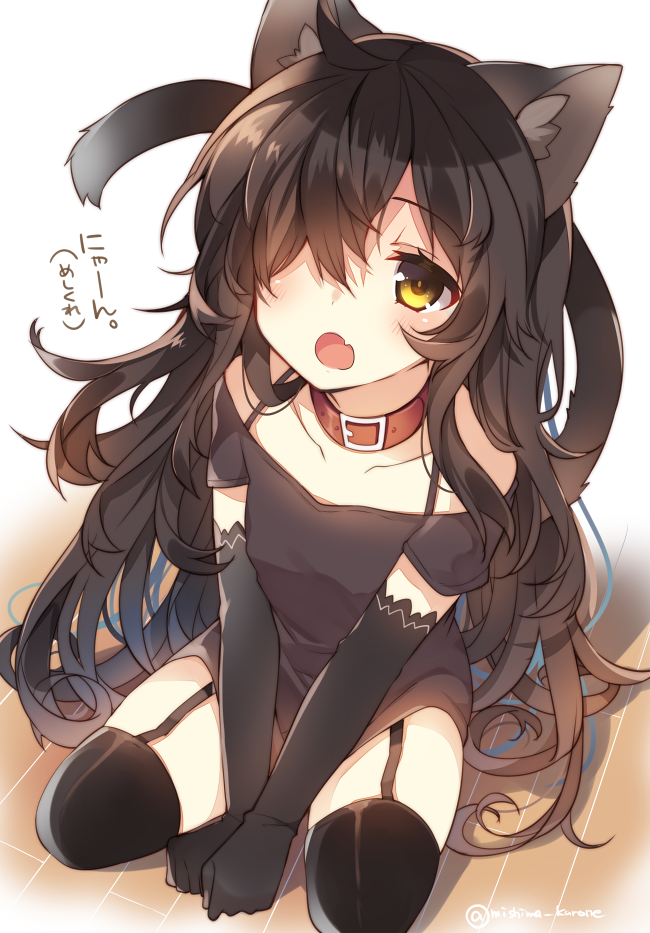 1girl :o amber_eyes animal_ears black_hair cat_ears cat_tail collar collarbone elbow_gloves fang garter_straps gloves long_hair mishima_kurone open_mouth original sitting solo tail thigh-highs twitter_username very_long_hair wariza