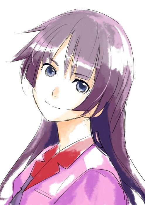 1girl aida_yuu bakemonogatari bangs blazer blue_eyes blunt_bangs head_tilt long_hair looking_at_viewer monogatari_(series) portrait purple_hair school_uniform senjougahara_hitagi simple_background solo