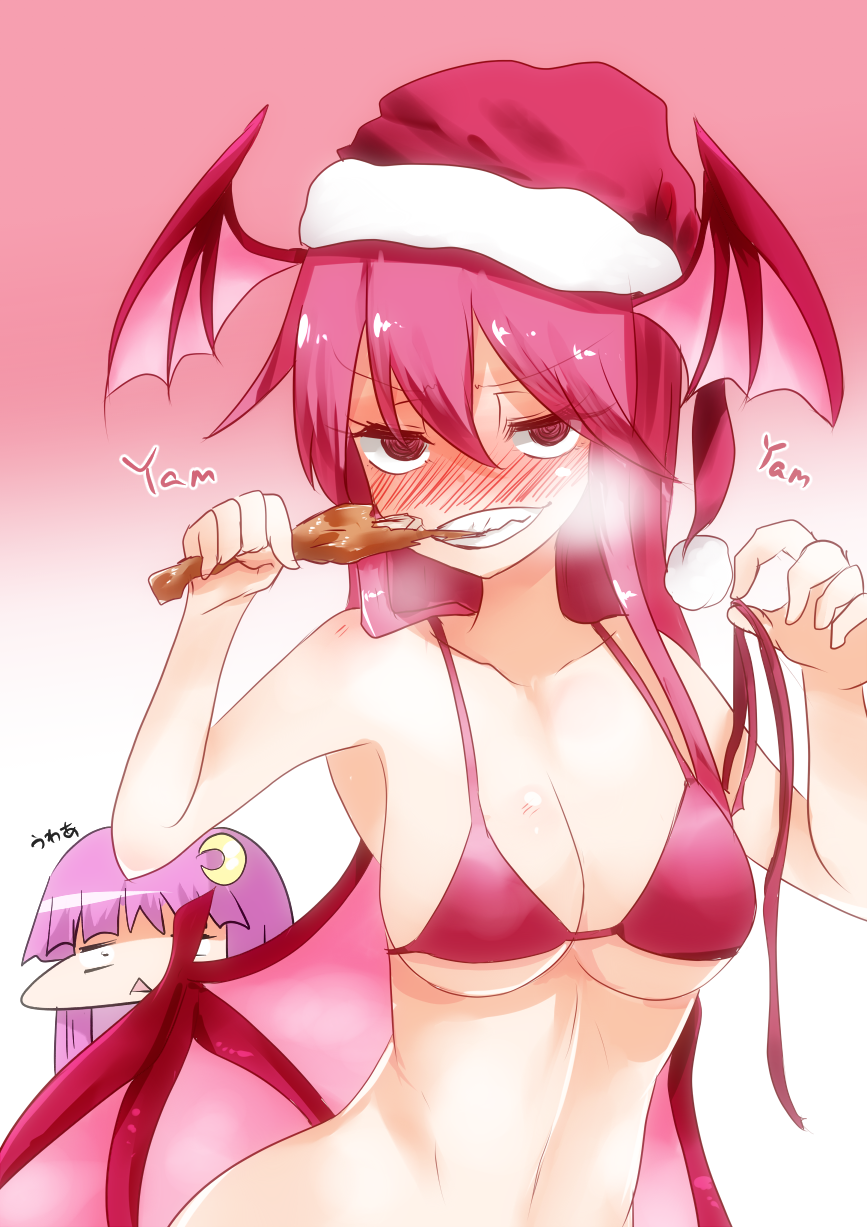 2girls bat_wings blush bottomless bra breasts chibi com commentary_request crescent_hair_ornament eating food hair_ornament hat head_wings highres koakuma large_breasts long_hair looking_at_viewer low_wings meat multiple_girls navel no_hat patchouli_knowledge red_bra red_eyes redhead santa_hat takorice touhou translation_request triangle_mouth underwear wings