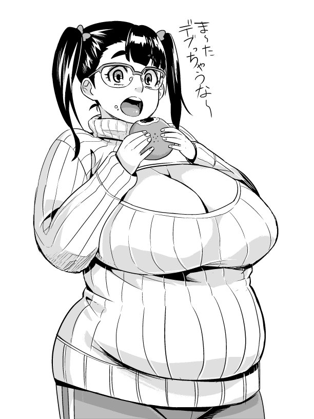 1girl artist_request breasts cleavage cleavage_cutout eating fat food glasses huge_breasts looking_at_viewer monochrome niku-ko_(gyaru-ko) nikuman open-chest_sweater oshiete!_gyaru-ko-chan over-rim_glasses plump ribbed_sweater semi-rimless_glasses short_twintails solo source_request sweater translation_request turtleneck twintails