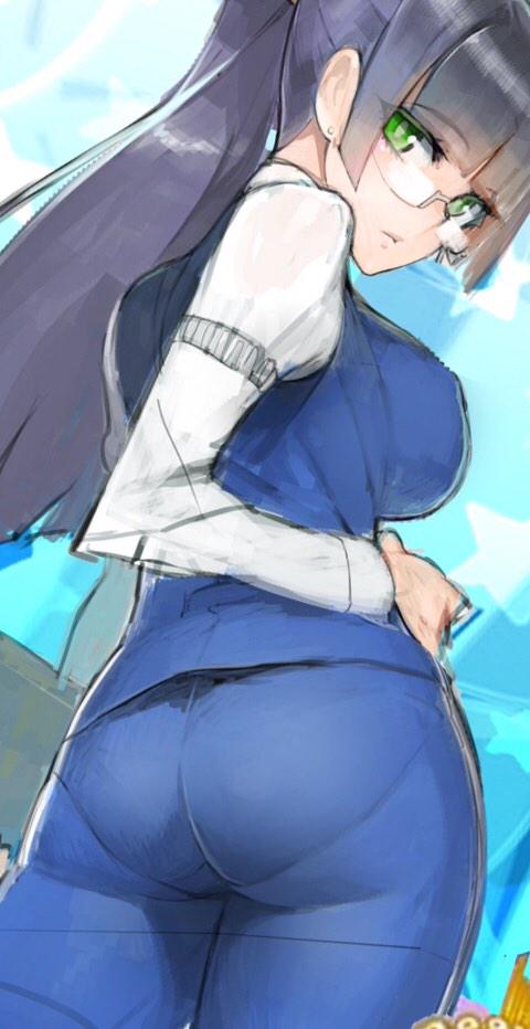 1girl ass black_hair breasts character_request contrapposto glasses green_eyes hand_on_own_stomach hime_cut large_breasts long_hair looking_at_viewer looking_back namaniku_atk pantylines ponytail solo