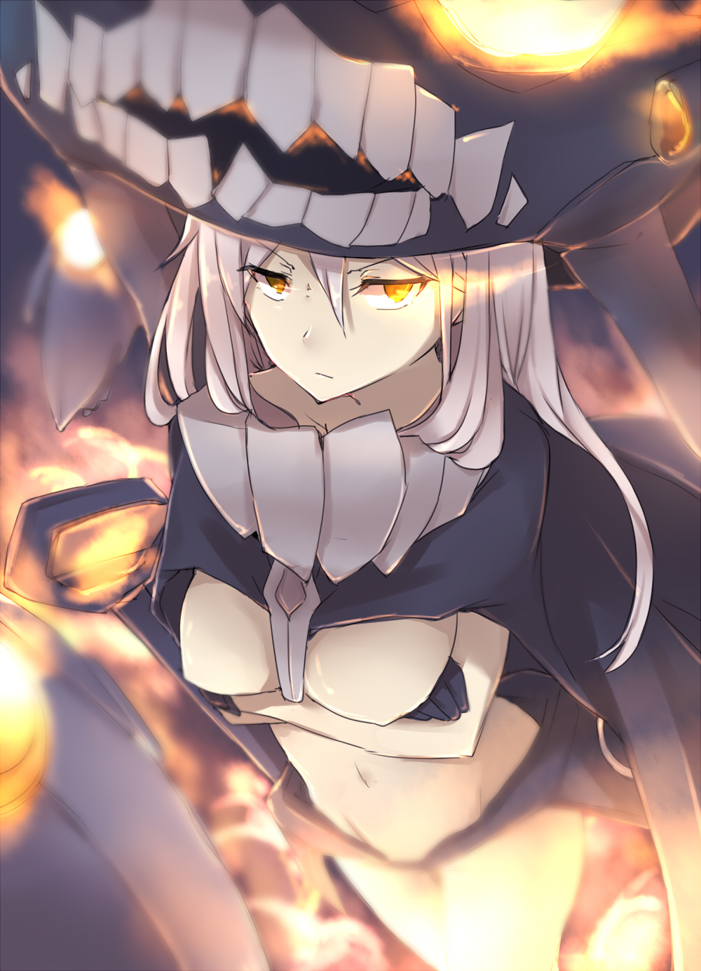 1girl ayyh black_gloves blurry bodysuit breasts cape covered_navel crossed_arms depth_of_field from_above gloves glowing glowing_eyes headgear highres kantai_collection long_hair looking_at_viewer looking_up pale_skin shinkaisei-kan solo white_hair wo-class_aircraft_carrier yellow_eyes