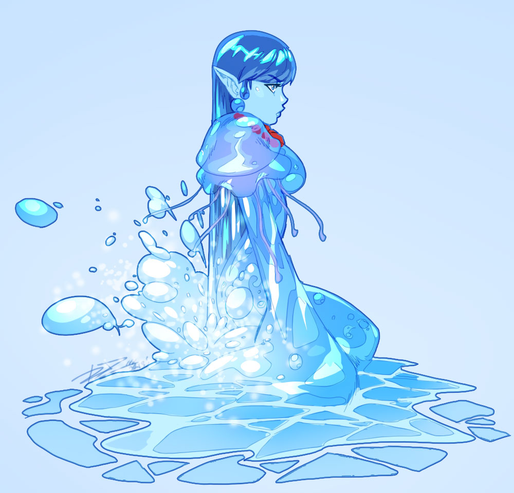 1girl bangs blue_hair blue_skin concept_art cryamore earrings from_side goo_girl jellyfish jewelry kneeling long_hair monster_girl necklace no_feet official_art pointy_ears robert_porter see-through solo undina_(cryamore) very_long_hair water