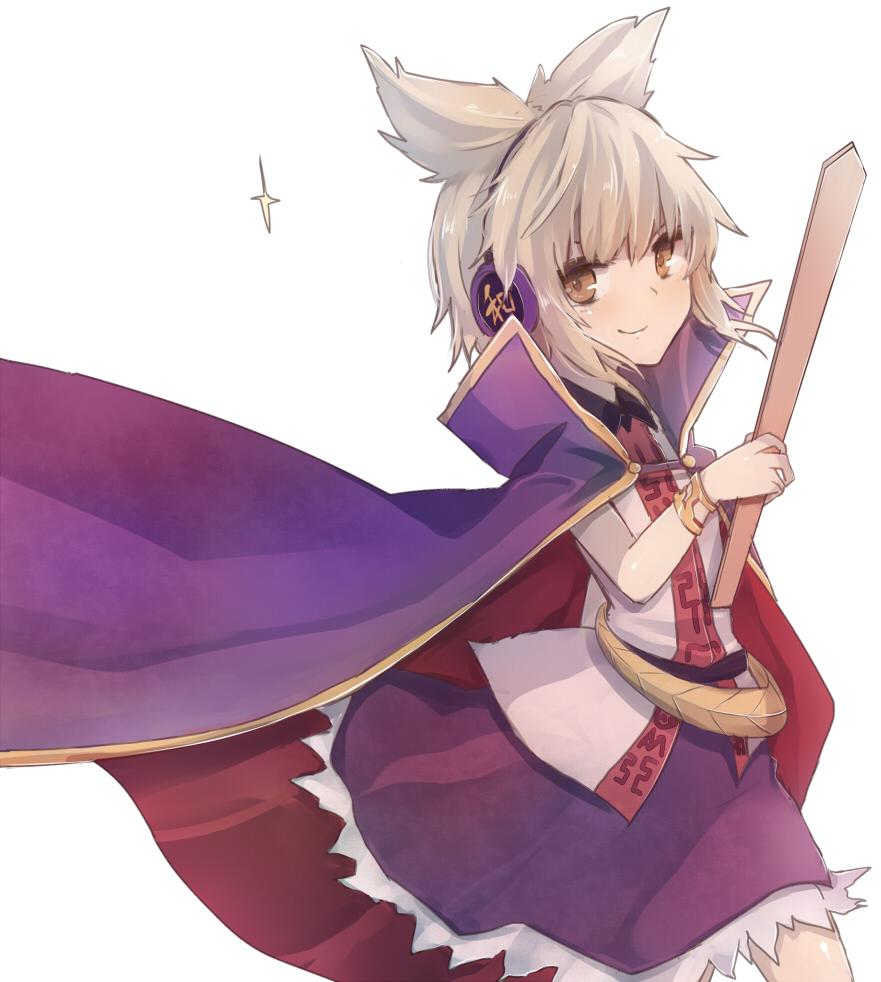 1girl blonde_hair blush cape earmuffs pointy_hair ritual_baton skirt smile smirk smug solo sparkle tare_nu_(usesase) touhou toyosatomimi_no_miko tunic yellow_eyes