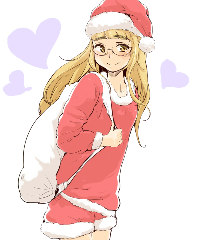 1girl blush cowboy_shot eyebrows fur_trim glasses hat heart long_hair long_sleeves mune perrine_h_clostermann sack santa_costume santa_hat shorts simple_background smile solo strike_witches white_background