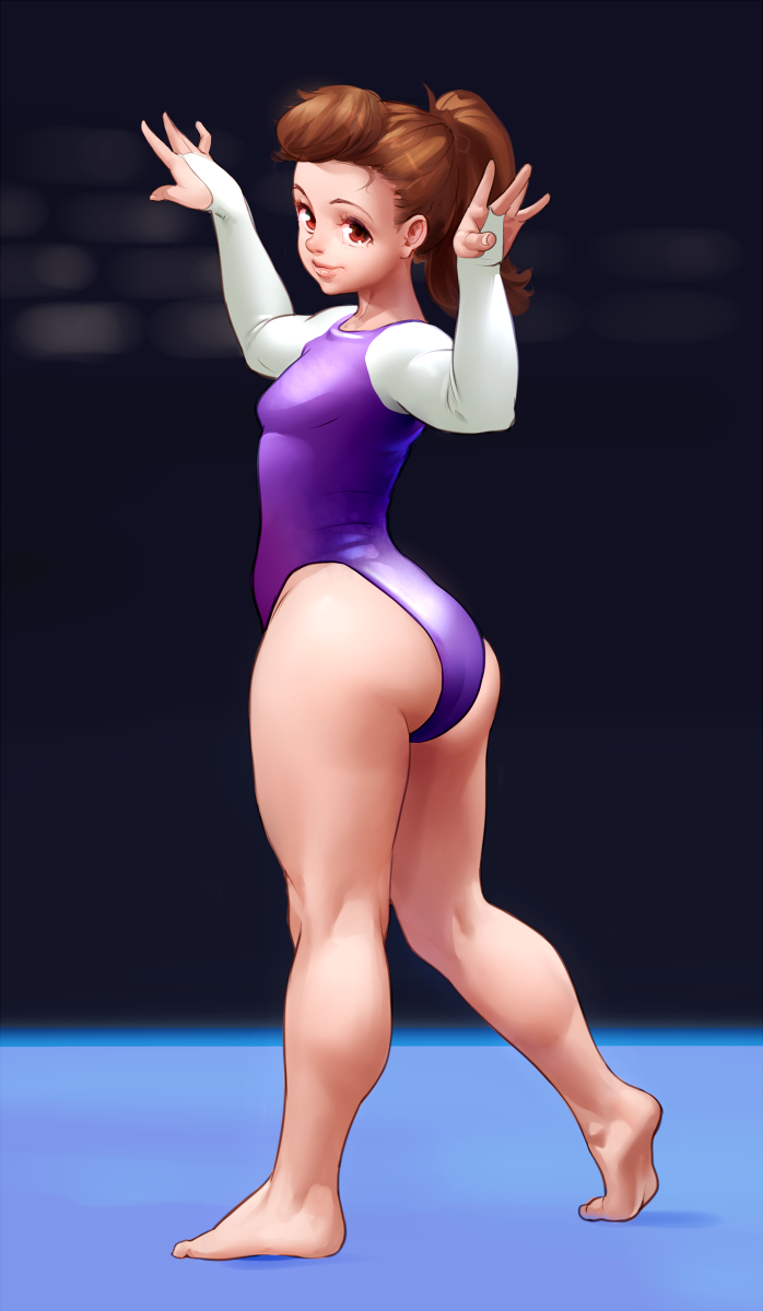 1girl ass barefoot bridal_gauntlets brown_eyes brown_hair commentary gymnastics highres kyle_(kairunoburogu) leotard long_hair long_sleeves original ponytail rhythmic_gymnastics small_breasts smile soles solo thick_thighs thighs