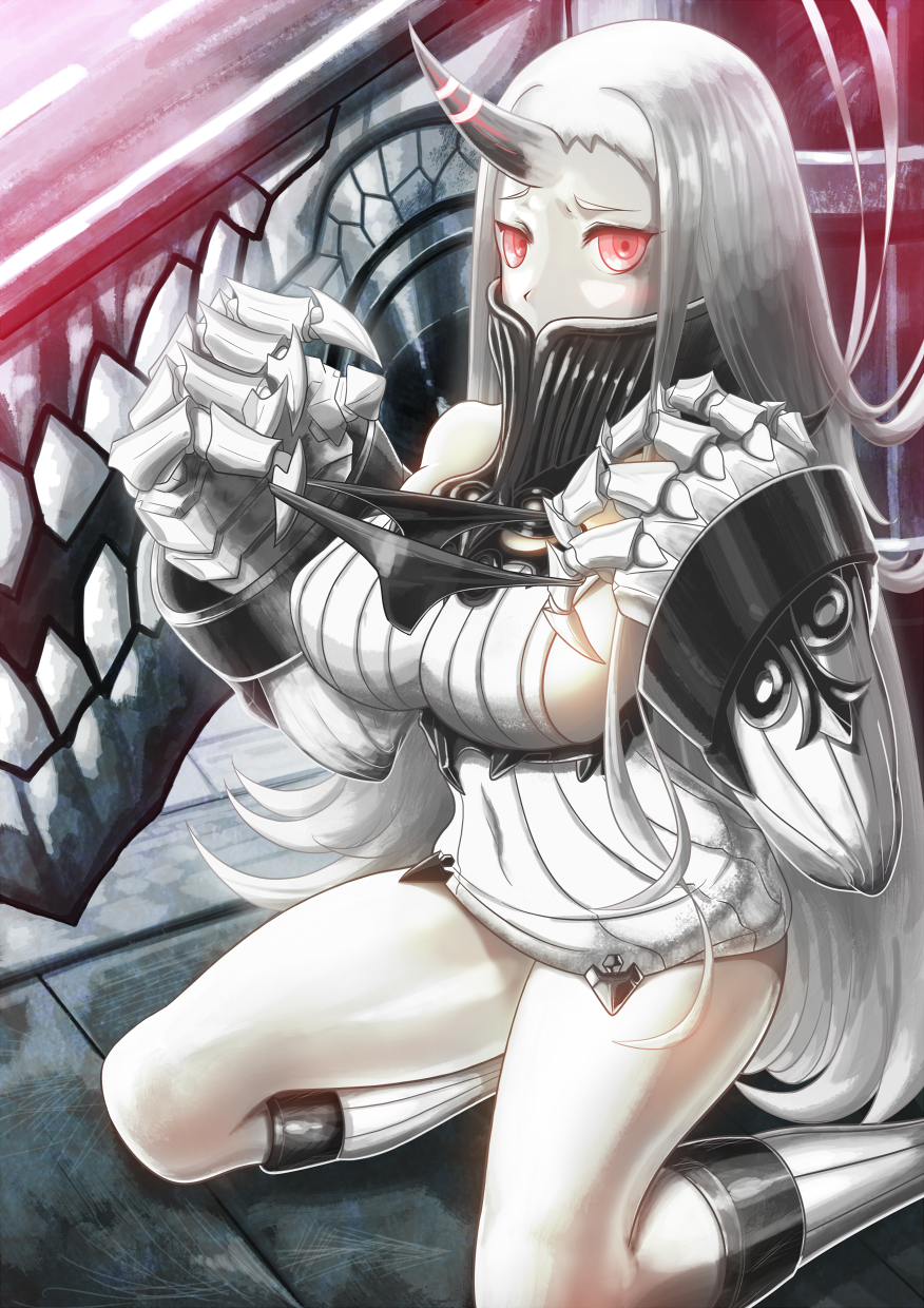 1girl black_panties breasts brianchan.t.w claws covered_mouth covered_navel cowboy_shot highres holding holding_panties horn kantai_collection large_breasts long_hair looking_at_viewer pale_skin panties red_eyes seaport_hime shinkaisei-kan sideboob silver_hair sitting solo underwear very_long_hair yokozuwari