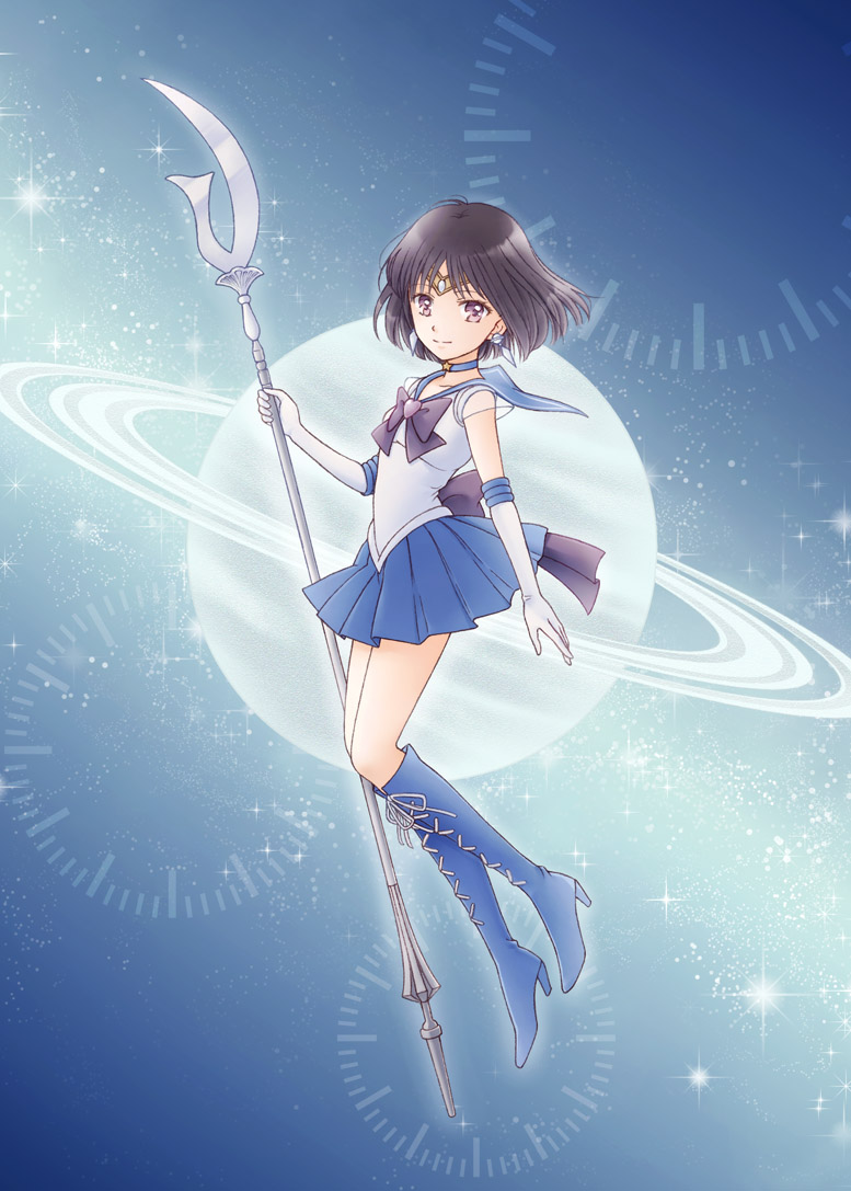 1girl bishoujo_senshi_sailor_moon black_hair blue_background blue_boots blue_skirt boots bow brooch choker cross-laced_footwear earrings elbow_gloves gloves jewelry knee_boots lace-up_boots magical_girl object_namesake planet pleated_skirt polearm ribbon sailor_collar sailor_saturn saturn short_hair silence_glaive skirt smile solo sparkle spear super_sailor_saturn tenma_(yagami) tiara tomoe_hotaru violet_eyes weapon white_gloves