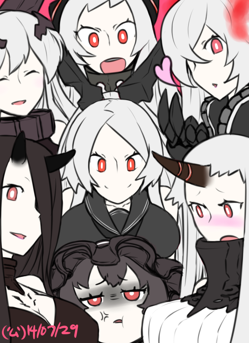 6+girls :d airfield_hime anchorage_oni anger_vein armored_aircraft_carrier_oni battleship-symbiotic_hime black_hair breast_envy breasts hair_ribbon hairband hamu_koutarou horn horns isolated_island_oni kantai_collection lolita_hairband long_hair multiple_girls open_mouth red_eyes ribbon seaport_hime shinkaisei-kan sketch smile southern_ocean_war_oni white_hair white_skin