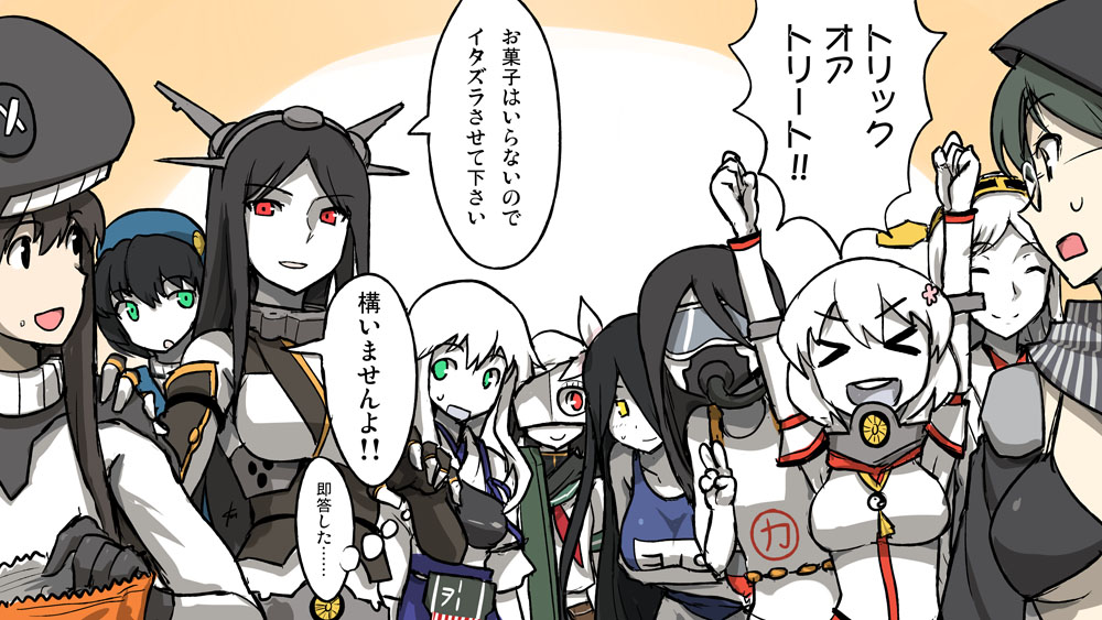 &gt;_&lt; 6+girls :d akagi_(kantai_collection) arms_up bare_shoulders black_hair chi-class_torpedo_cruiser closed_eyes clothes_writing collar cosplay costume_switch ebizome fingerless_gloves glasses gloves green_eyes green_hair hair_ornament hair_over_one_eye hairband headgear i-19_(kantai_collection) ka-class_submarine kaga_(kantai_collection) kantai_collection kirishima_(kantai_collection) kiso_(kantai_collection) maru-yu_(kantai_collection) mask multiple_girls muneate nagato_(kantai_collection) open_mouth pale_skin re-class_battleship red_eyes ri-class_heavy_cruiser ru-class_battleship school_swimsuit scuba_gear shinkaisei-kan smile sweatdrop swimsuit ta-class_battleship takao_(kantai_collection) translation_request trick_or_treat white_hair wo-class_aircraft_carrier yamato_(kantai_collection) yellow_eyes yin_yang yo-class_submarine