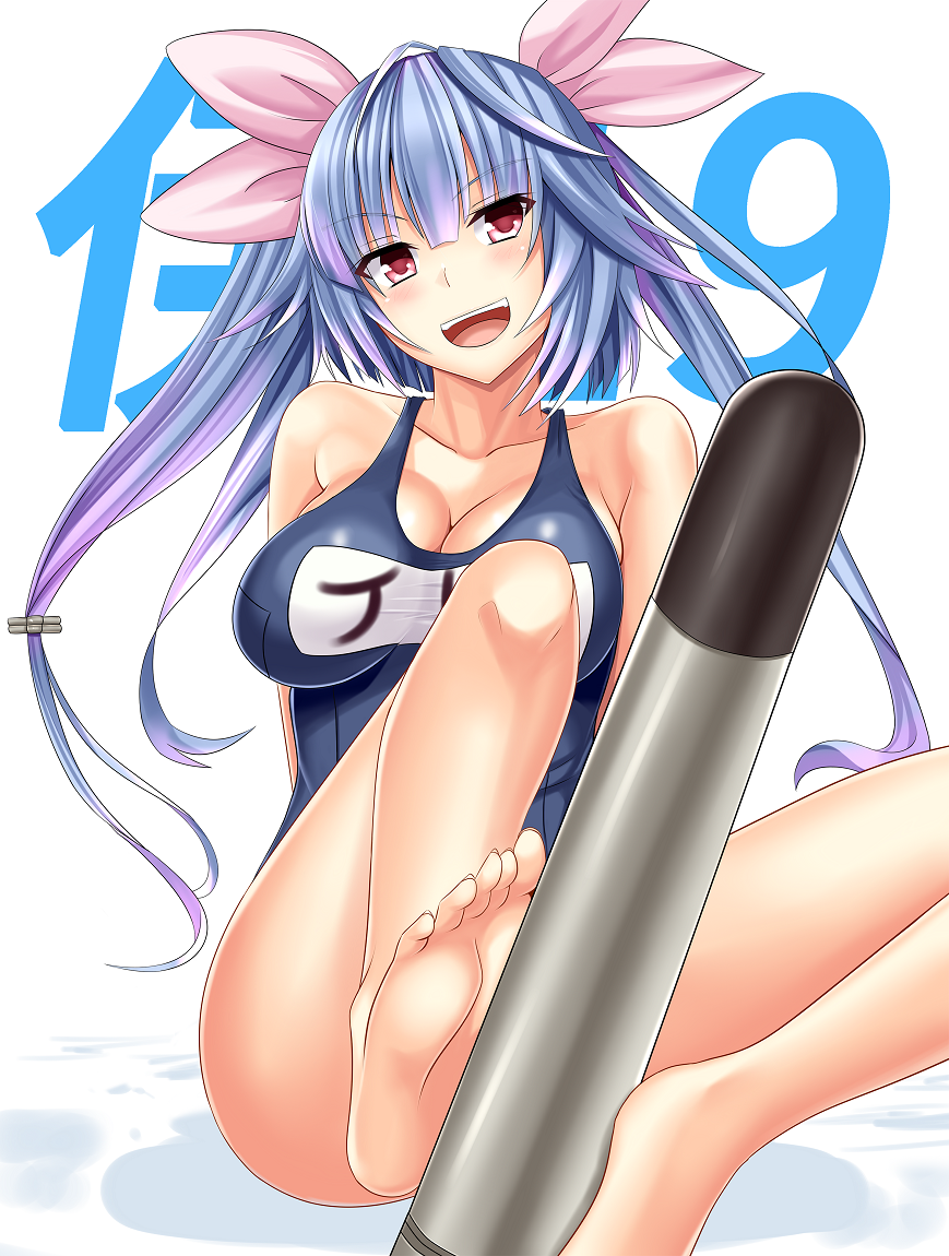 1girl :d barefoot blue_hair breasts character_name feet hair_ribbon i-19_(kantai_collection) kantai_collection large_breasts long_hair one-piece_swimsuit open_mouth red_eyes ribbon school_swimsuit smile solo swimsuit torpedo twintails